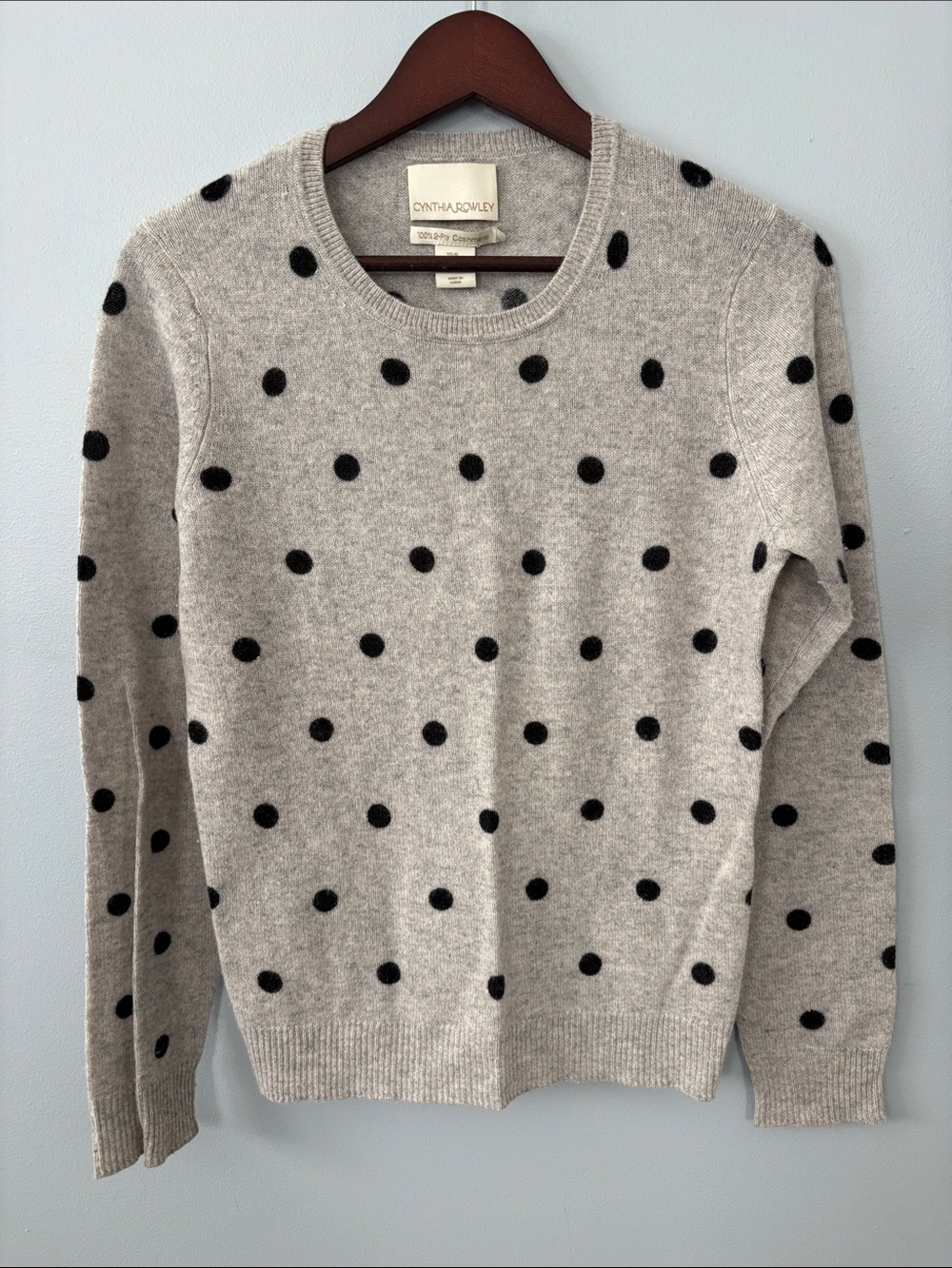 Cynthia Rowley Gray Cashmere Sweater with Black Polka Dots